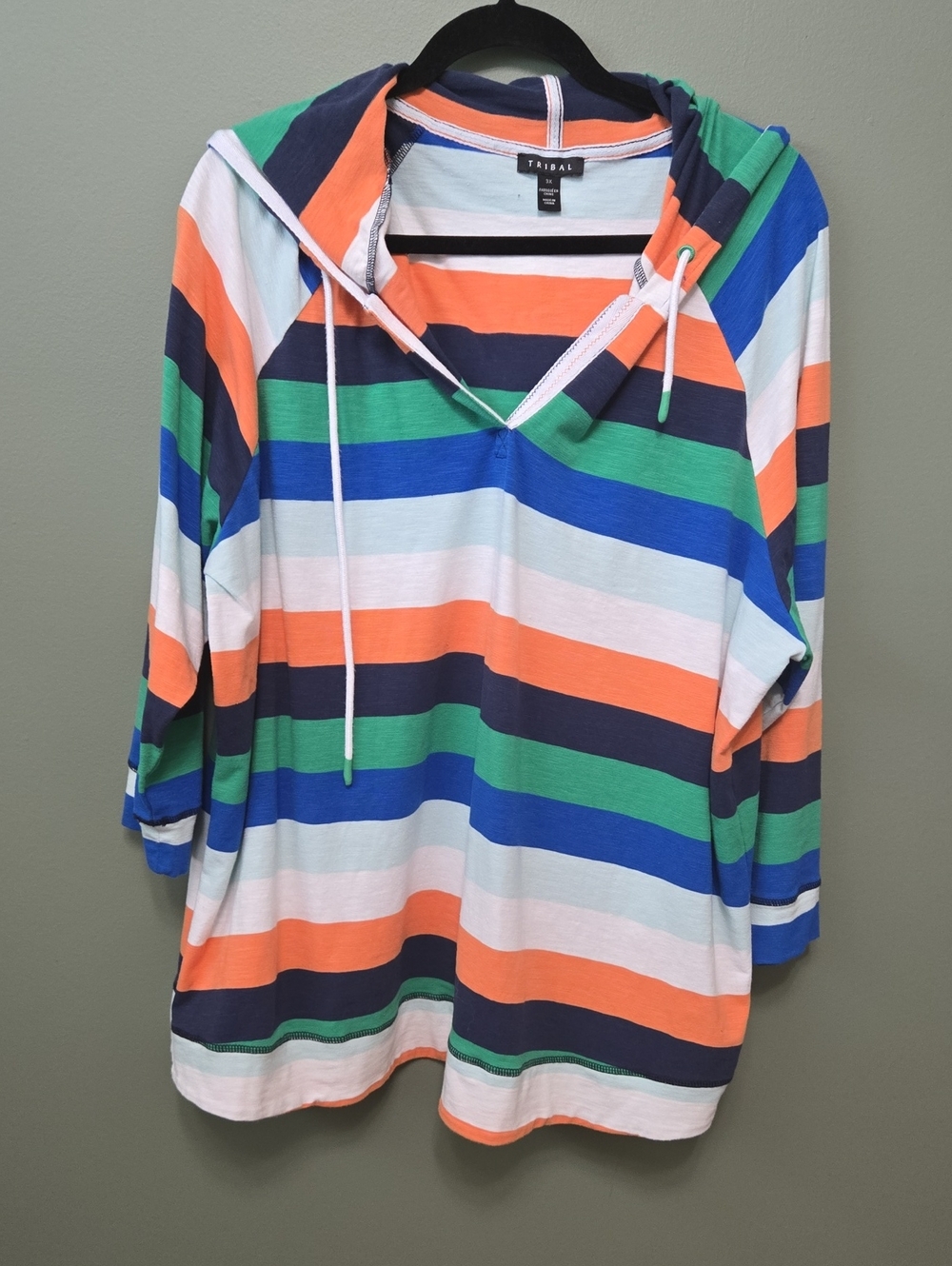 Tribal Striped Hooded Pullover – Navy, Orange, Green & White Sz 3x
